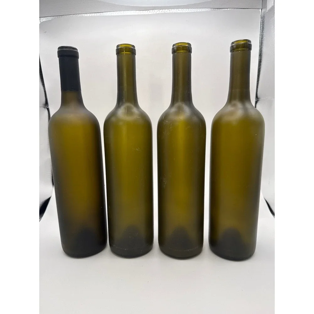 Set of 4 Frosted Olive Green Glass Wine Bottles Matte Finish 12 Inch DIY Decor